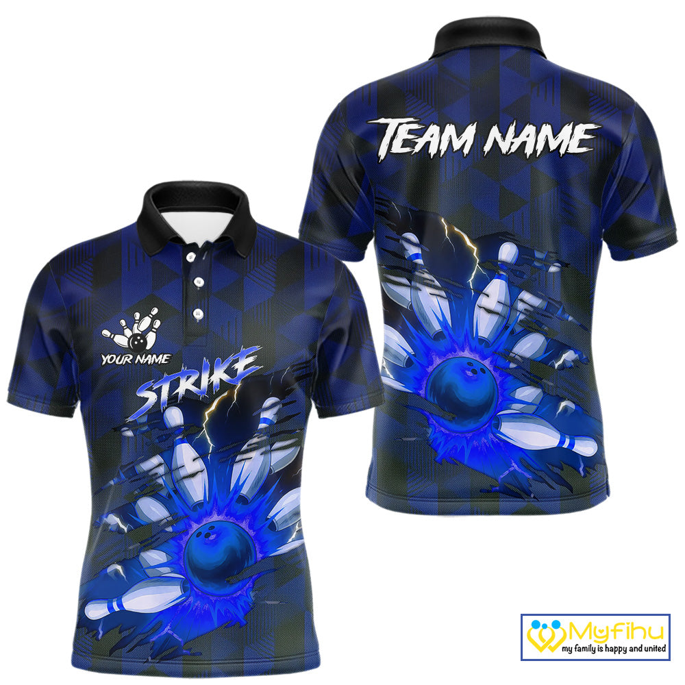 Blue Camo strike Men's Bowling Polo, Quarter Zip Shirt Custom Team Bowling jersey, gift for bowler NQS10343