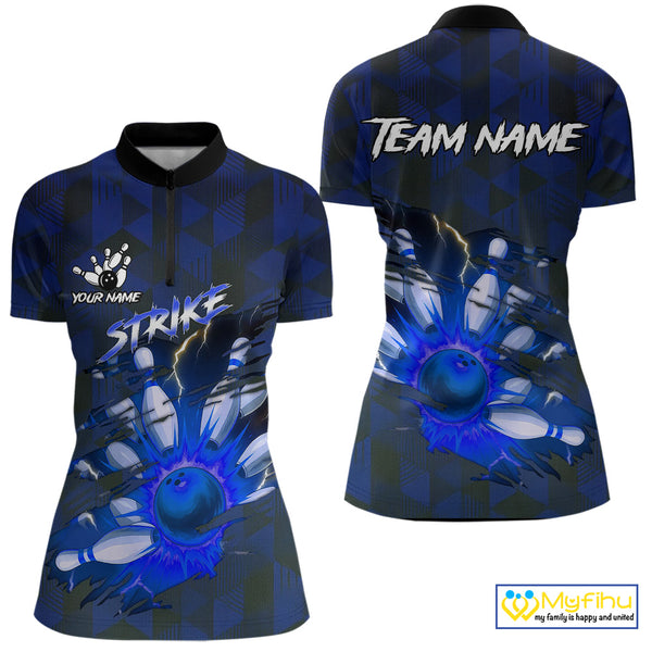 Blue Camo strike Women's Bowling Polo, Quarter Zip Shirt Custom Team Bowling jersey, gift for bowler NQS10343