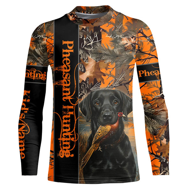 Pheasant Hunting with dog Labrador Retriever orange camo Custom name 3D All over print hunting shirt NQS2270