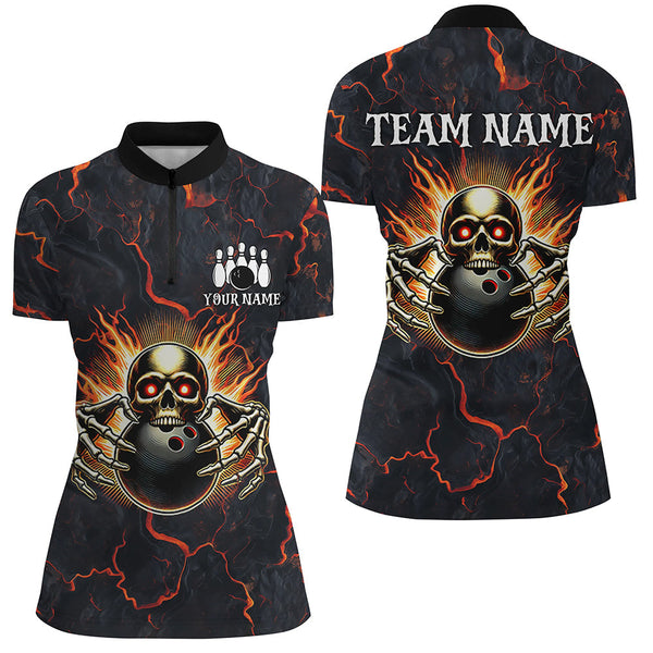 Custom Bowling Shirt for Women Personalized Skull Bowling Jerseys Bowling Team Polo, 1/4 Zip Shirts NQS8376