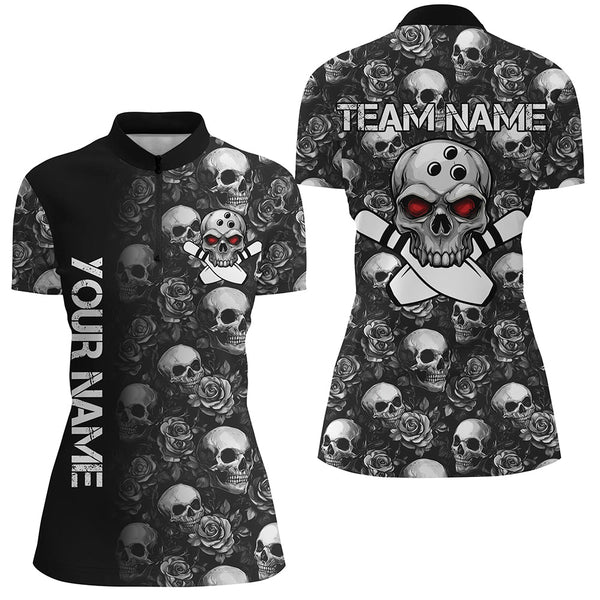 Black Skull and rose pattern Bowling Shirts For Women Custom Skull Bowling Team League Jerseys NQS8580