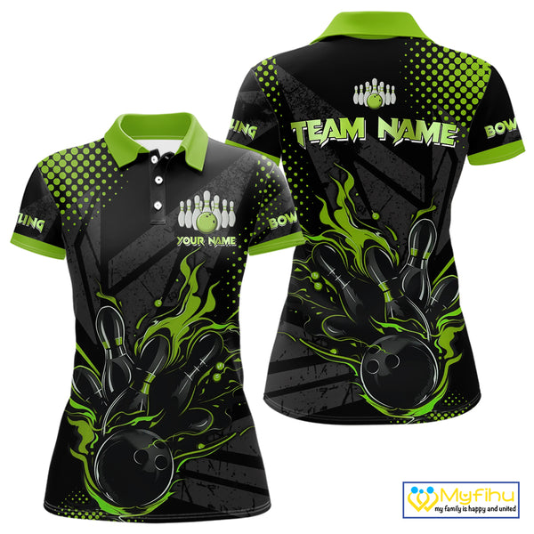 Personalized Black and Green Flame Bowling Polo, 1/4 Zip Shirts For Women, Custom bowling Team Jersey NQS10772