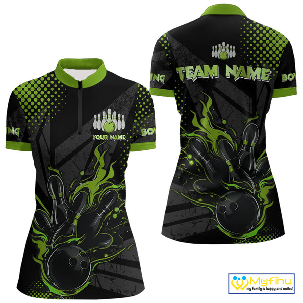 Personalized Black and Green Flame Bowling Polo, 1/4 Zip Shirts For Women, Custom bowling Team Jersey NQS10772