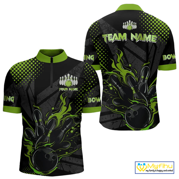 Personalized Black and Green Flame Bowling Polo, 1/4 Zip Shirts For Men, Custom bowling Team Jerseys NQS10772