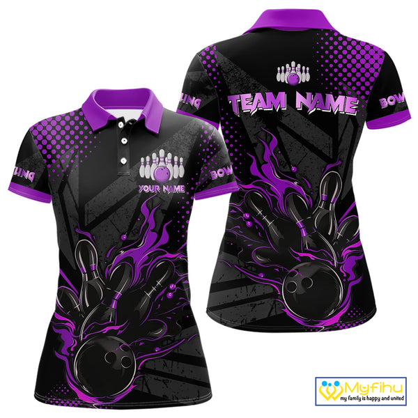 Personalized Black and Purple Flame Bowling Polo, 1/4 Zip Shirt For Women, Custom bowling Team Jersey NQS10773