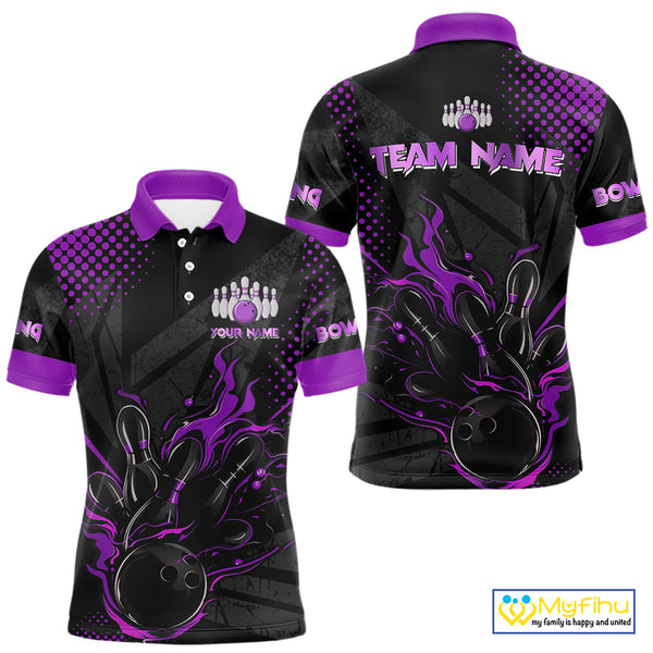 Personalized Black and Purple Flame Bowling Polo, 1/4 Zip Shirts For Men, Custom bowling Team Jerseys NQS10773
