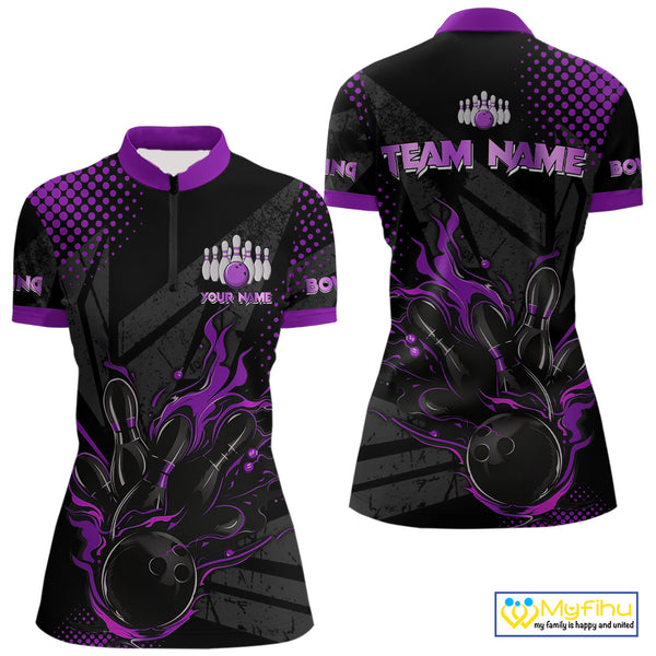Personalized Black and Purple Flame Bowling Polo, 1/4 Zip Shirt For Women, Custom bowling Team Jersey NQS10773