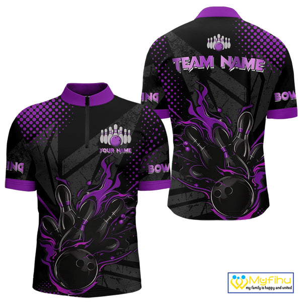 Personalized Black and Purple Flame Bowling Polo, 1/4 Zip Shirts For Men, Custom bowling Team Jerseys NQS10773