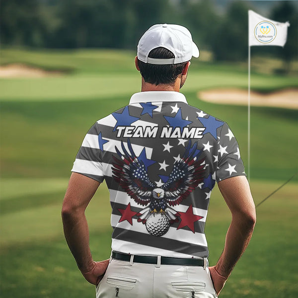 Gray and White American Flag Eagle Golf Polo shirt for Men Custom patriotic team golf outfit for men NQS9798