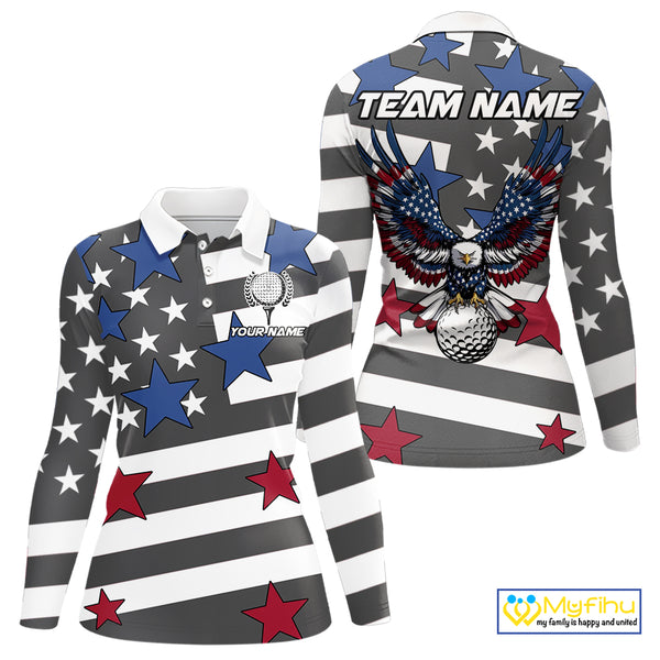 Gray and White American Flag Eagle Golf Polo shirt for Women Custom patriotic team ladies golf outfit NQS9798