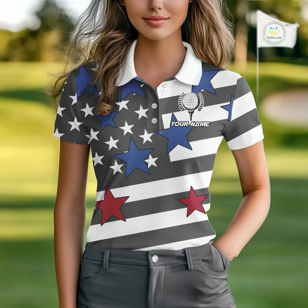 Gray and White American Flag Eagle Golf Polo shirt for Women Custom patriotic team ladies golf outfit NQS9798