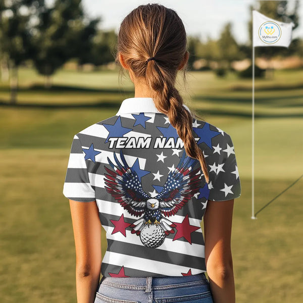 Gray and White American Flag Eagle Golf Polo shirt for Women Custom patriotic team ladies golf outfit NQS9798