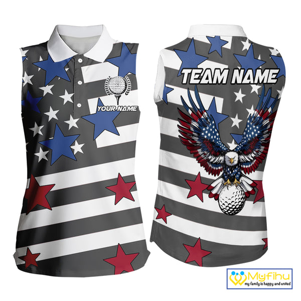 Gray & White American Flag Eagle Women Sleeveless Polo shirt Custom patriotic team ladies golf outfit NQS9798