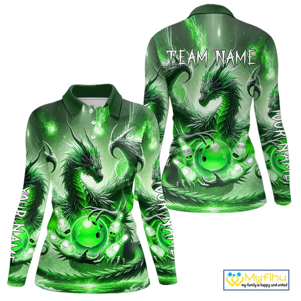 Personalized Green Lights Dragon Women Bowling Polo, 1/4 Zip Shirt Custom Team Bowling League Jersey NQS10199