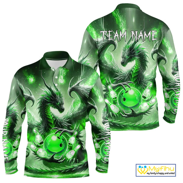 Personalized Green Lights Dragon Mens Bowling Polo, 1/4 Zip Shirt Custom Team Bowling League Jersey NQS10199