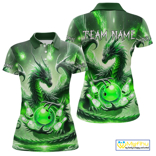 Personalized Green Lights Dragon Women Bowling Polo, 1/4 Zip Shirt Custom Team Bowling League Jersey NQS10199