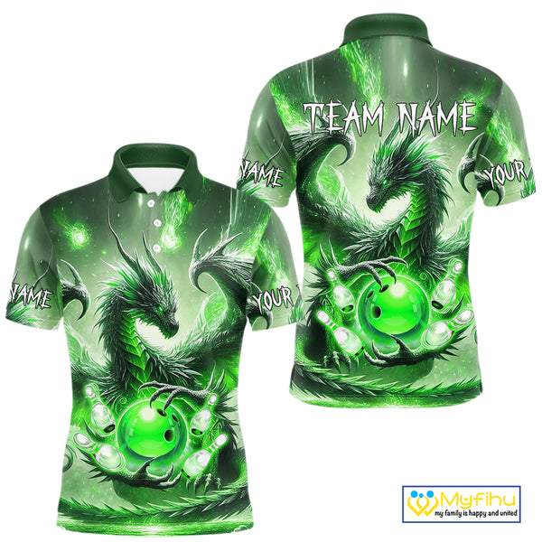 Personalized Green Lights Dragon Mens Bowling Polo, 1/4 Zip Shirt Custom Team Bowling League Jersey NQS10199
