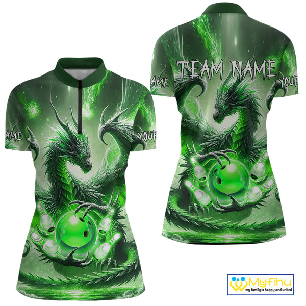 Personalized Green Lights Dragon Women Bowling Polo, 1/4 Zip Shirt Custom Team Bowling League Jersey NQS10199
