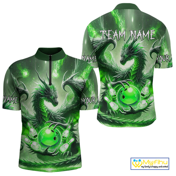 Personalized Green Lights Dragon Mens Bowling Polo, 1/4 Zip Shirt Custom Team Bowling League Jersey NQS10199