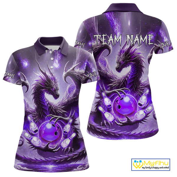 Personalized Purple Lights Dragon Women Bowling Polo, 1/4 Zip Shirt Custom Team Bowling League Jersey NQS10200