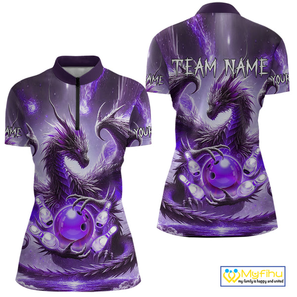 Personalized Purple Lights Dragon Women Bowling Polo, 1/4 Zip Shirt Custom Team Bowling League Jersey NQS10200