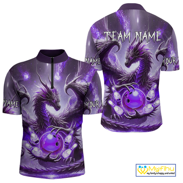 Personalized Purple Lights Dragon Mens Bowling Polo, 1/4 Zip Shirt Custom Team Bowling League Jersey NQS10200