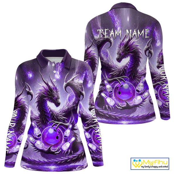 Personalized Purple Lights Dragon Women Bowling Polo, 1/4 Zip Shirt Custom Team Bowling League Jersey NQS10200