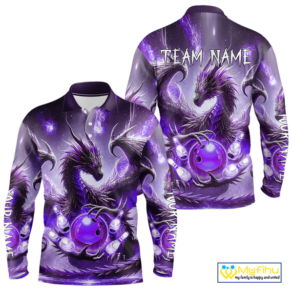 Personalized Purple Lights Dragon Mens Bowling Polo, 1/4 Zip Shirt Custom Team Bowling League Jersey NQS10200