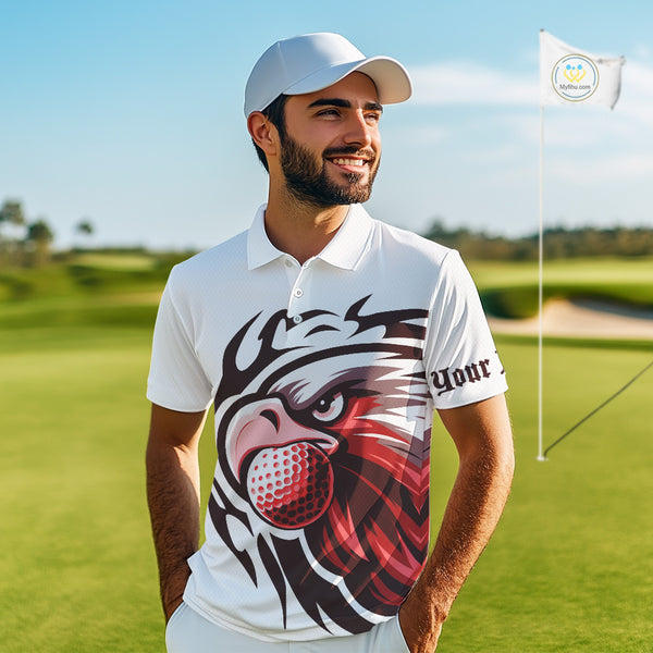 Mens golf polo shirts custom Red Eagle golf ball white golf tops, team golf attire for mens NQS10553