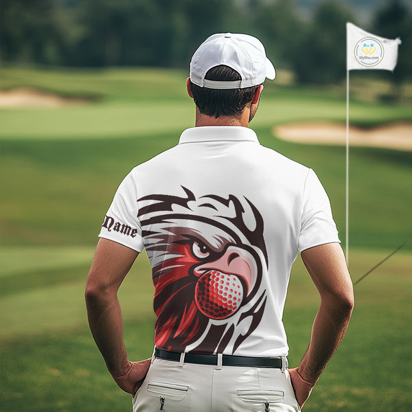 Mens golf polo shirts custom Red Eagle golf ball white golf tops, team golf attire for mens NQS10553