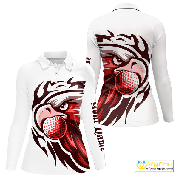 Womens golf polo shirts custom Red Eagle golf ball white golf tops, team golf attire for ladies NQS10553