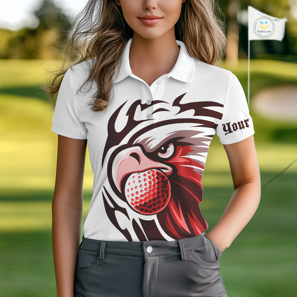 Womens golf polo shirts custom Red Eagle golf ball white golf tops, team golf attire for ladies NQS10553