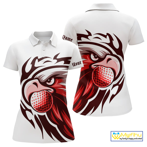 Womens golf polo shirts custom Red Eagle golf ball white golf tops, team golf attire for ladies NQS10553