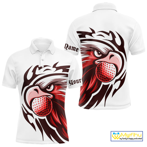 Mens golf polo shirts custom Red Eagle golf ball white golf tops, team golf attire for mens NQS10553