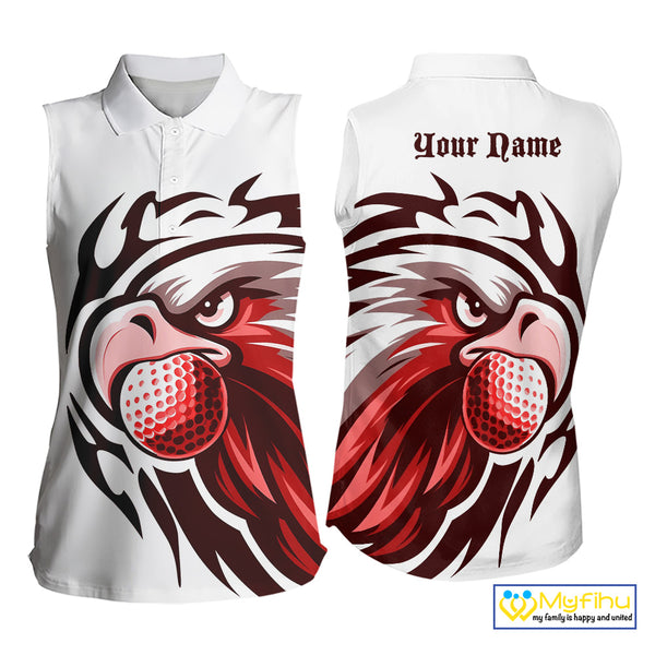 Women sleeveless polo shirt custom Red Eagle golf ball white golf tops, team golf attire for ladies NQS10553