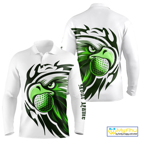 Mens golf polo shirts custom Green Eagle golf ball white golf tops, team golf attire for mens NQS10554