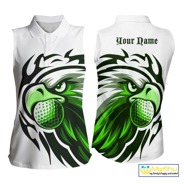 Women sleeveless polo shirt custom Green Eagle golf ball white golf tops, team golf attire for ladies NQS10554