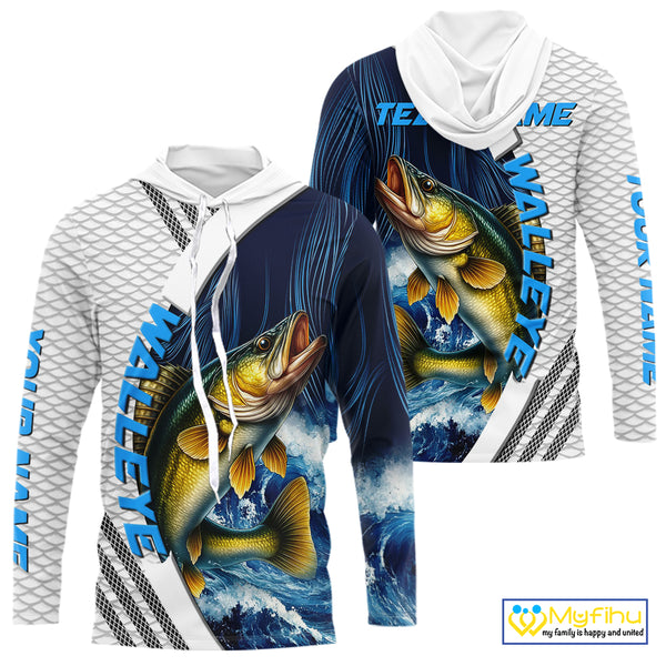 Blue and White Camo Walleye fishing Custom name sun protection Walleye fishing team jerseys NQS10556