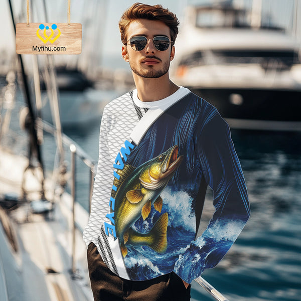 Blue and White Camo Walleye fishing Custom name sun protection Walleye fishing team jerseys NQS10556