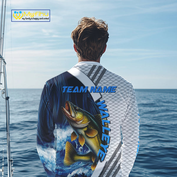 Blue and White Camo Walleye fishing Custom name sun protection Walleye fishing team jerseys NQS10556