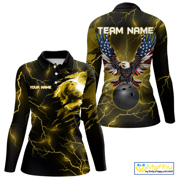Yellow lightning thunder bowling American flag Eagle custom Womens Bowling Polo, Quarter Zip Shirts NQS10557