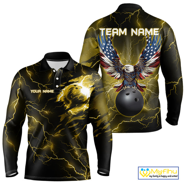 Yellow lightning thunder bowling American flag Eagle custom Mens Bowling Polo, Quarter Zip Shirts NQS10557