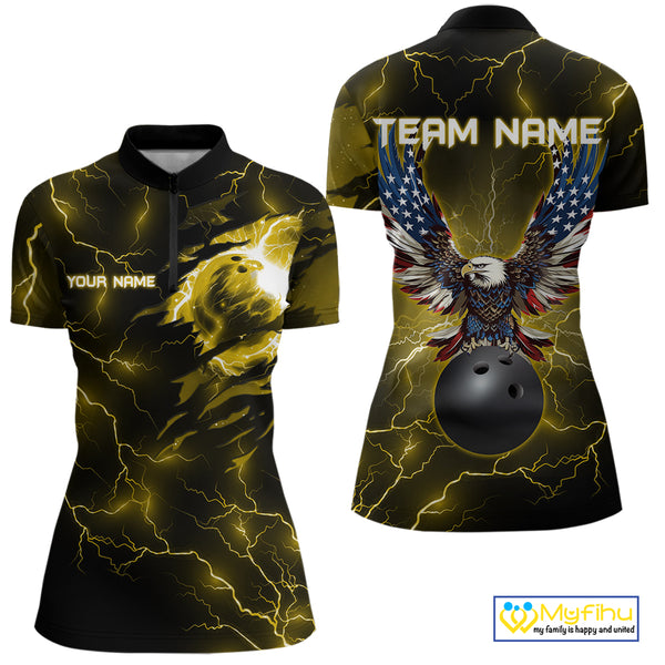 Yellow lightning thunder bowling American flag Eagle custom Womens Bowling Polo, Quarter Zip Shirts NQS10557