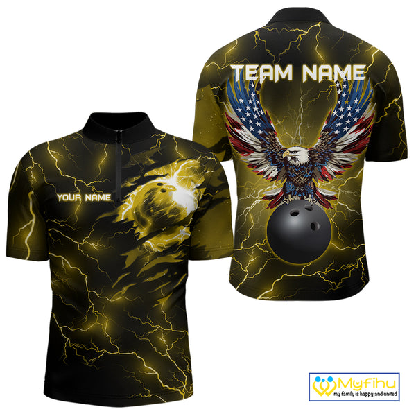 Yellow lightning thunder bowling American flag Eagle custom Mens Bowling Polo, Quarter Zip Shirts NQS10557