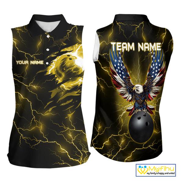 Yellow lightning thunder bowling American flag Eagle custom Women sleeveless Polo Shirt, team jerseys NQS10557