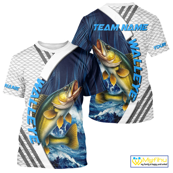 Blue and White Camo Walleye fishing Custom name sun protection Walleye fishing team jerseys NQS10556
