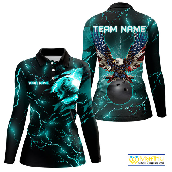 Cyan Blue lightning thunder bowling American flag Eagle custom Womens Bowling Polo, Quarter Zip Shirt NQS10558