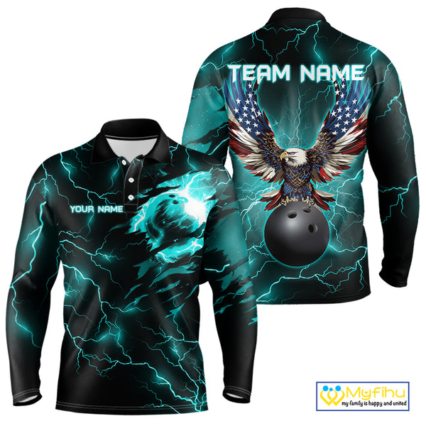 Cyan Blue lightning thunder bowling American flag Eagle custom Mens Bowling Polo, Quarter Zip Shirts NQS10558