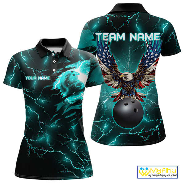 Cyan Blue lightning thunder bowling American flag Eagle custom Womens Bowling Polo, Quarter Zip Shirt NQS10558