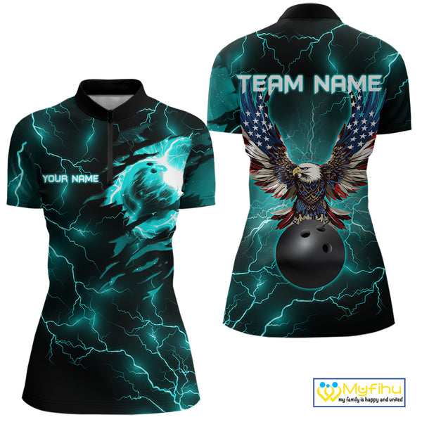 Cyan Blue lightning thunder bowling American flag Eagle custom Womens Bowling Polo, Quarter Zip Shirt NQS10558